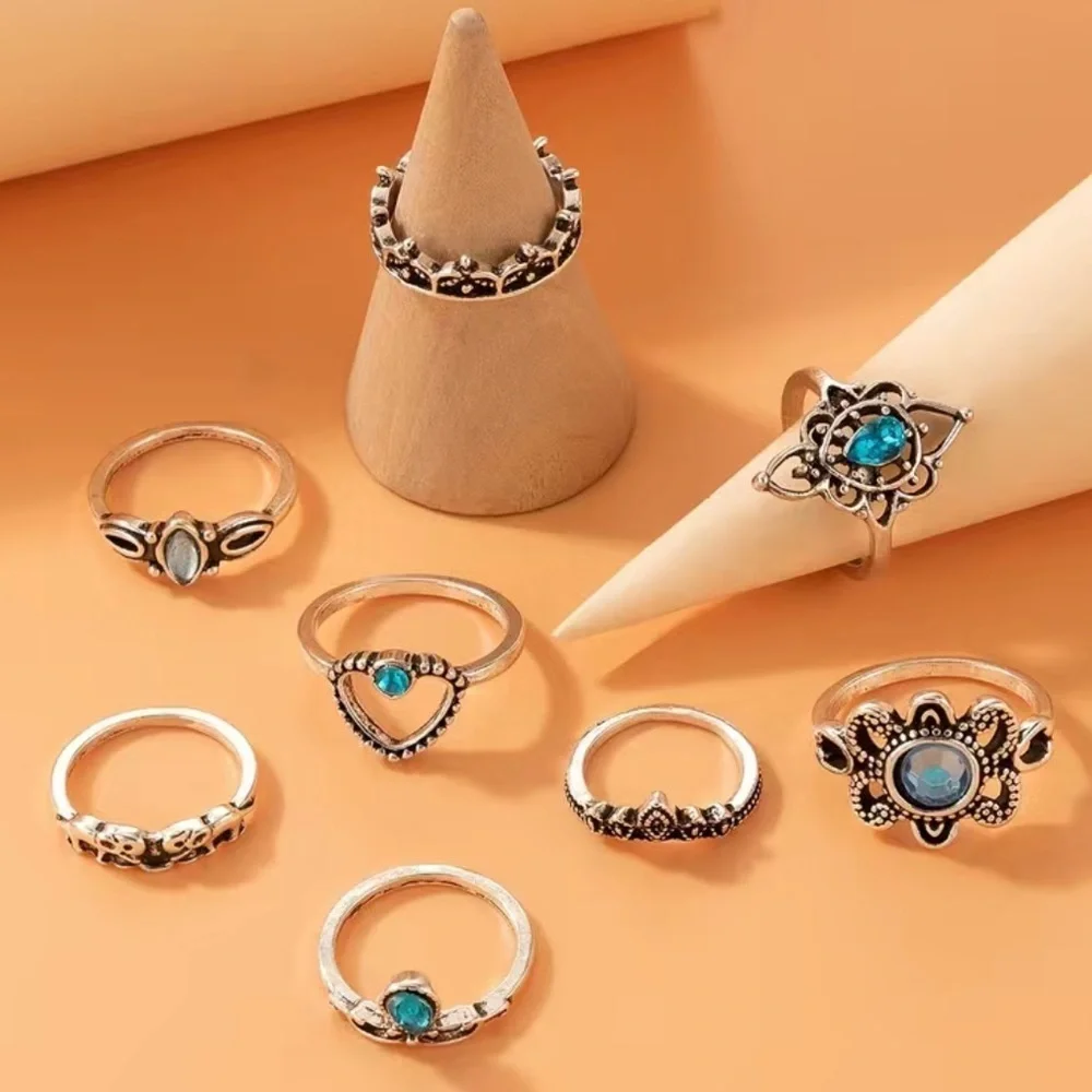 Vintage Boho Heart Flower Blue Gemstone Ring Set 8pc